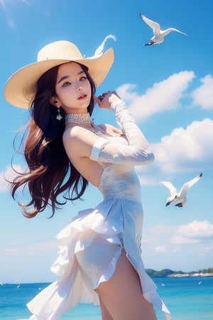 Slender figure,(((many many seagull fly around)))1girl,(((korean face))), ((bird)), little smile,shourt dress, sky, outdoors, solo, cloud, hair_ornament, brown_hair, day, white_dress, flower,  hat, hair_flower, floral_print, long_hair, choker, long_sleeves, blue_sky, wind, cloudy_sky, lips, sun_hat, collar, brown_eyes, arm_up, parted_lips,masterpiece,JeeSoo ,Seulgi,1 girl ,Nice legs and hot body,kean,best quality