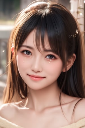 A softly lit, warmly toned portrait of a sweet-faced girl with tears in her eyes, a gentle smile still on her face, and bright black eyes that sparkle with innocence. ,Japan,Idol,Korea