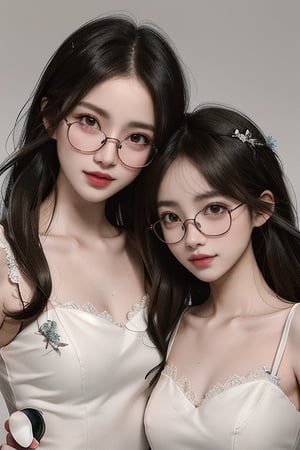 Asian twins beauty girls,glasses ,stubble,upper body, muscle ,realistic , smile,undercut hairstyle, light_bule_eyes, 2 girls, side by side,Bullets are flying,friendship,different long hair style, different pose, and without glasses 