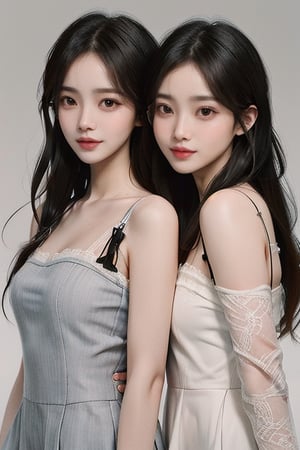 Asian twins beauty girls,glasses ,stubble,upper body, muscle ,realistic , smile,undercut hairstyle, light_bule_eyes, 2 girls, side by side,Bullets are flying,friendship,different long hair style, different pose, and without glasses 