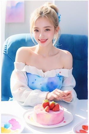 masterpiece, top quality, aesthetic, (watercolor style: 1.7), 1 woman, solo, long hair, looking at viewer, smiling, happy, open mouth, bangs, blue eyes, blonde hair, dress, long sleeves, off-shoulder dress, ribbon, holding, sitting, hair ribbon, , ponytail, :d, heart, frill, food, glass, straw, red ribbon, neck ribbon, fruit, chair, table, holding food, plate, orange juice, cake, strawberry, fork, holding fork,watercolor \(medium\)
,beauty,Beauty,idol