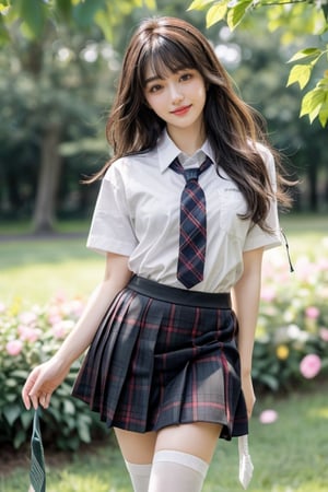 (Masterpiece), (Top Quality), (Super Detailed), (Very Detailed), (Perfect Anatomy), (Super Detailed Skin), (Detailed), (Beautifully Detailed Eyes), 1 Girl, 16 Years Old, Solo, Black Hair, Very Long Hair, Blunt Bangs, Black Eyes, (Plaid Skirt), Skirt, (Uniform), (White Shirt), (Sailor Uniform: 1.1), Partially White Socks, White Sneakers, (plaid tie), curvaceous, eyebrows, sideways glances, park, forest and flower fields, body, nice smile, standing,