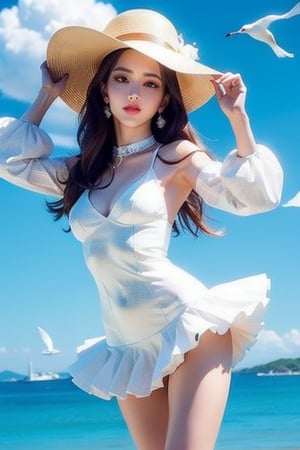 Slender figure,(((many many seagull fly around)))1girl,(((korean face))), ((bird)), little smile,shourt dress, sky, outdoors, solo, cloud, hair_ornament, brown_hair, day, white_dress, flower,  hat, hair_flower, floral_print, long_hair, choker, long_sleeves, blue_sky, wind, cloudy_sky, lips, sun_hat, collar, brown_eyes, arm_up, parted_lips,masterpiece,JeeSoo ,Seulgi,1 girl ,Nice legs and hot body,kean,best quality
