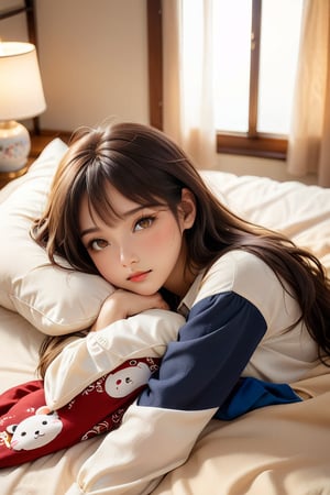 A serene Taiwanese bedroom scene: A young girl with long, dark hair lies on a plush pillow, her bangs framing her heart-shaped face, warm brown eyes gazing directly at the viewer. Soft lighting casts a cozy glow on her peaceful slumber, illuminating her casual shirt and bedsheet against a subtle, cream-colored backdrop.