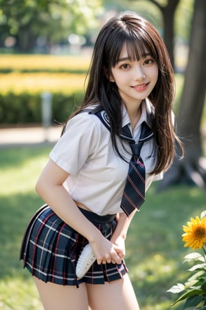 (Masterpiece), (Top Quality), (Super Detailed), (Very Detailed), (Perfect Anatomy), (Super Detailed Skin), (Detailed), (Beautifully Detailed Eyes), 1 Girl, 16 Years Old, Solo, Black Hair, Very Long Hair, Blunt Bangs, Black Eyes, (Plaid Skirt), Skirt, (Uniform), (White Shirt), (Sailor Uniform: 1.1), Partially White Socks, White Sneakers, (plaid tie), curvaceous, eyebrows, sideways glances, park, forest and flower fields, body, nice smile, standing,