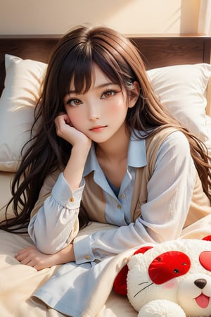 A serene Taiwanese bedroom scene: A young girl with long, dark hair lies on a plush pillow, her bangs framing her heart-shaped face, warm brown eyes gazing directly at the viewer. Soft lighting casts a cozy glow on her peaceful slumber, illuminating her casual shirt and bedsheet against a subtle, cream-colored backdrop.