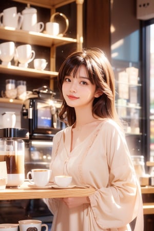 A Japanese girl in a coffee waitress costume smiles and hands a cup of fragrant coffee to a customer in a colorful coffee shop (1.3) (cafe environment interior design, coffee machine, coffee cups, shelves, coffee shop: 1.2). Looking at a store window while waiting for a friend (realistic: 1.2), (best quality: 1.3), photo-realistic, highly detailed, high resolution RAW photo, film grain, coffeeyadream, sntm, slingshot, fashion, sexy, real hand,realhands