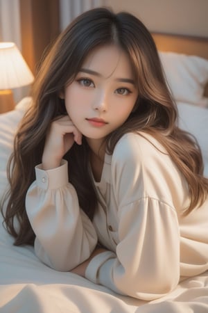 A serene Taiwanese bedroom scene: A young girl with long, dark hair lies on a plush pillow, her bangs framing her heart-shaped face, warm brown eyes gazing directly at the viewer. Soft lighting casts a cozy glow on her peaceful slumber, illuminating her casual shirt and bedsheet against a subtle, cream-colored backdrop.