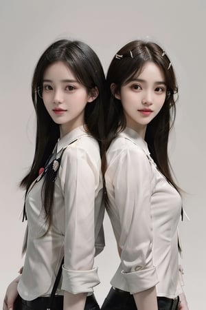 Asian twins beauty girls,glasses ,stubble,upper body, muscle ,realistic , smile,undercut hairstyle, light_bule_eyes, 2 girls, side by side,Bullets are flying,friendship,different long hair style, different pose, and without glasses 