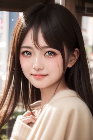 A softly lit, warmly toned portrait of a sweet-faced girl with tears in her eyes, a gentle smile still on her face, and bright black eyes that sparkle with innocence. ,Japan,Idol,Korea