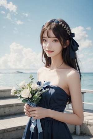 1girl, 16 yo, solo, long hair, looking at the viewer,  bright sunny smile, bangs, brown hair, strapless, blue dress, upper body, outdoors, holding flowers in hand, bow, ribbon, hair ribbon,  hairband,  parted lips,  bowtie, lips,  bow,  ribbon, realistic, sky, day, cloud, blue footwear, stairs, ocean, realistic hands