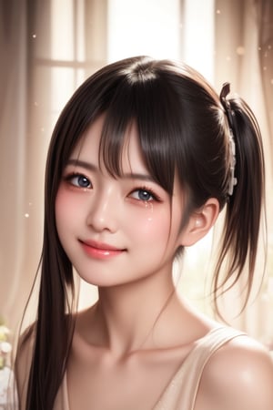 A softly lit, warmly toned portrait of a sweet-faced girl with tears in her eyes, a gentle smile still on her face, and bright black eyes that sparkle with innocence. ,Japan,Idol,Korea