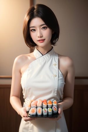  solo, ((short hair)), lips, realistic, medium smile, open mouth, black hair,
(chiaroscuro, fuji color, ultra high definition, super detail, original, 85mm, f/1.2, Fujifilm XT4,),
looking at viewer, large breasts, bare shoulders, ((poakl))
Japanese female sushi chef working at a sushi restaurant (((making nigiri sushi))), close-up, cowboy lens, masterpiece, best quality, super detailed face, super detailed eyes, ((poakl)), sushi style, girl, beauty, solo laughing