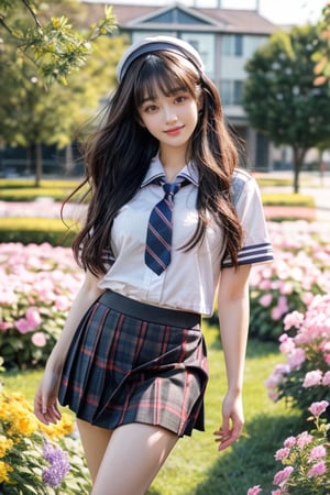 (Masterpiece), (Top Quality), (Super Detailed), (Very Detailed), (Perfect Anatomy), (Super Detailed Skin), (Detailed), (Beautifully Detailed Eyes), 1 Girl, 16 Years Old, Solo, Black Hair, Very Long Hair, Blunt Bangs, Black Eyes, (Plaid Skirt), Skirt, (Uniform), (White Shirt), (Sailor Uniform: 1.1), Partially White Socks, White Sneakers, (plaid tie), curvaceous, eyebrows, sideways glances, park, forest and flower fields, body, nice smile, standing,