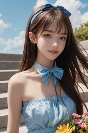 1girl, 16 yo, solo, long hair, looking at the viewer,  bright sunny smile, bangs, brown hair, strapless, blue dress, upper body, outdoors, holding flowers in hand, bow, ribbon, hair ribbon,  hairband,  parted lips,  bowtie, lips,  bow,  ribbon, realistic, sky, day, cloud, blue footwear, stairs, ocean, realistic hands