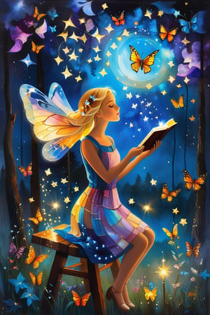 A captivating magical realism painting of a young girl with blonde hair sitting on a wooden stool. She is holding an open book with delicate pages, from which glowing butterflies emerge, elegantly floating upwards amongst a star-studded night sky. The girl's eyes are wide open, reflecting her fascination and immersion in the magical world of the book. The background features a serene landscape with a low-lying fog, adding to the dreamy atmosphere of the scene. The overall ambiance of the image is enchanting, with the contrast between the dark sky and the luminous butterflies creating an ethereal and mystical experience., painting, illustration, photo