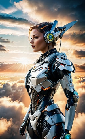 8k, UHD, HDR, masterpiece, best quality, 18yo girl, cyborg, full body robot, flying, cables, metal, robot,, in focus, detailed face, perfect nose, perfect detailed face, detailed lips, detailed eyes, dutch angle, cinematic, volumetric lighting, sunbeam, soft lighting, mystical, magical, rim lighting, fantasy, sky, clouds, general plane