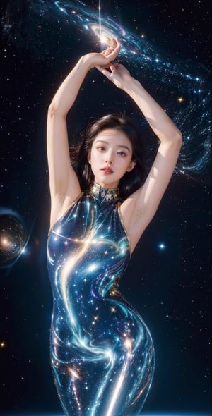 In a breathtaking masterpiece, a luminous young girl's upper body shines with an ethereal glow amidst the vastness of outer space. Her radiant skin glistens like polished oil, accentuating her chiseled features and willowy physique. Donning a sleek space suit, she strikes a dynamic pose from above, her gaze directly at the viewer, exuding confidence and allure. The surrounding galaxies swirl in a kaleidoscope of colors, twinkling stars shining like diamonds against the darkness. Perfect lighting casts dramatic shadows, emphasizing her curves and highlighting the ultimate composition of this supreme work of art.