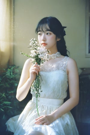 A dreamy, nostalgic scene unfolds as a 22-year-old girl with raven-black hair and porcelain-pale skin sits serenely against a dark, cinematic background. Her delicate features are partially obscured by a floral choker that blooms across her left eye like a tender vine. A soft, white satin skirt flows around her upper body, creating a sense of gentle movement. The vintage, analog photo aesthetic is heightened by the warm, faded tones and visible film grain, evoking a sense of nostalgia. The composition is illuminated by a subtle Tyndall effect, casting a mystical glow on the subject's features. Every detail is meticulously rendered, from the fine dust particles suspended in mid-air to the beautifully detailed shadows that dance across her skin. Hyper-detailed, this illustration masterfully captures the essence of a bygone era.