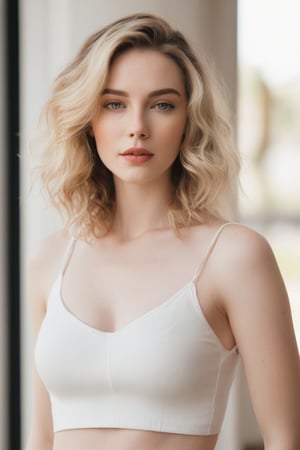 A close-up shot of a beautiful girl with pale skin, wearing a short top that accentuates her toned physique. Her hair is styled in loose waves, framing her heart-shaped face and brightening her features under soft natural lighting. She poses confidently, one hand resting on her hip as she gazes directly at the camera.