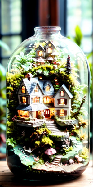 //quality, (masterpiece:1.4), (detailed), ((,best quality,)),//A mini with house inside a terrarium, on a table