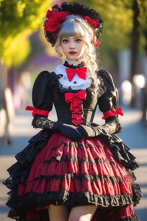 (high budget Hollywood film:1.2),(cinematic film still portrait of )
This lovely woman is dressed in colourful gothic Lolita fashion, displaying a unique and playful style. Her outfit consists of layers of frilly lace and intricate bows, adding a whimsical touch to her look. The woman's dress is decorated in vibrant colours, including shades of red, yellow and blue, creating a striking contrast with her black and white elbow-length gloves. Her accessories include large hair bows, lace gloves and mismatched stockings, adding an eclectic flair to her ensemble. With her stylish attire and charming demeanour, this woman stands out as a fashion icon in the realm of men. At this moment, she dancing on the new yourk street., raw, 8k UHD, dslr,,visible skin hair, (one very very small skin blemishes:0.7), (natural skin imperfections:0.7),(very small skin pores:0.7) ,F/8
,outline