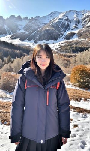 cute girl, winter jacket fashion, RAW photo, realistic, masterpiece, best quality, beautiful skin,
snowy mountains background, 50mm, medium full shot, ,goyoonjung, outdoor, photography,school uniform