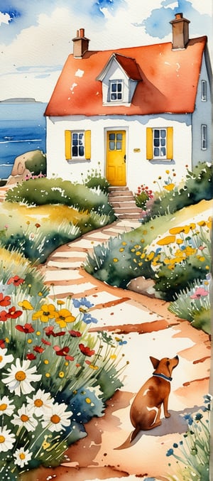 Beautiful house in a tranquil and idyllic watercolor seaside village, a large house made of cozy red clay soil with a yellow door and open windows, pine trees and cosmos blooming along the road, next to a stone path, uneven stepping stones lead up to the house, a dog A girl is sleeping face down in front of the door. Small waves crash against the sea shore. A girl is playing with her dog.