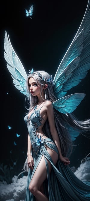 Create an ethereal scene featuring a fairy with delicate wings sitting amidst soft cloud-like formations under a starry sky. Include numerous small butterflies fluttering around the fairy. The color scheme should consist of cool blues and grays with subtle warm highlights for depth. The fairy's attire should resemble natural elements like leaves and fur, enhancing the mystical atmosphere of the artwork. 