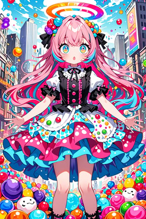 In a whimsical fusion of children's doodle style and Colorful pop art, an emo-pink Lolita girl proudly wears a dress crafted from swirling layers of jelly and ice cream. Her big eyes sparkle like candy-coated gems, surrounded by a halo of brightly colored berry beans. The composition is maximalist, with bold brushstrokes and vibrant hues. In the background, a Dal-6 inspired cityscape bursts with Color Splash chaos, as if the girl's very presence has unleashed a sugary storm.