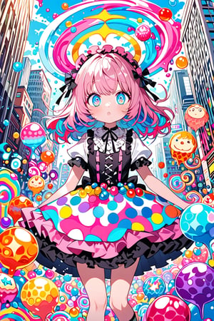 In a whimsical fusion of children's doodle style and Colorful pop art, an emo-pink Lolita girl proudly wears a dress crafted from swirling layers of jelly and ice cream. Her big eyes sparkle like candy-coated gems, surrounded by a halo of brightly colored berry beans. The composition is maximalist, with bold brushstrokes and vibrant hues. In the background, a Dal-6 inspired cityscape bursts with Color Splash chaos, as if the girl's very presence has unleashed a sugary storm.