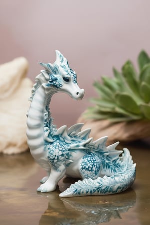 Within a tranquil oasis in the heart of a desert, a baby dragon with shimmering white scales basks in the cool, refreshing waters. Its wings, adorned with delicate patterns that shimmer like desert mirages, create a mesmerizing display of light and shadow as they gently fan the air. The dragon's presence seems to bring life to the barren landscape, as tiny sprouts emerge from the parched earth, symbolizing its connection to the rejuvenating power of water and the resilience of nature. crafted ceramic
