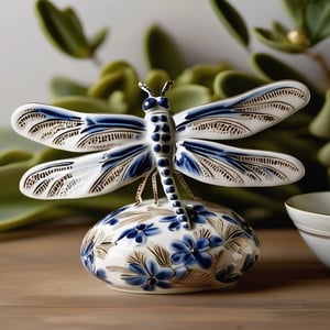 A beautifully crafted ceramic or porcelain figurine of a dragonfly