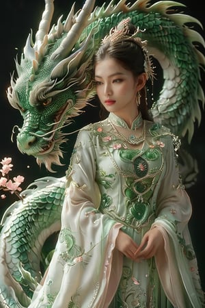 A serene scene unfolds: a woman, resplendent in traditional green and white attire, stands beside a majestic green dragon. Her ornate headpiece glimmers softly as she cradles a delicate object. The dragon's intricate scales and calm expression create a sense of harmony as it wraps around her, forming a protective bond. Against the dark backdrop, subtle lighting highlights the duo, while floating pink flowers add to the ethereal ambiance.,more detail XL,glitter