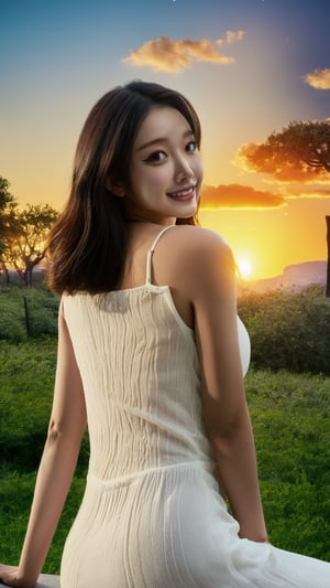 masterpiece, (best quality:1.2), Amazing, beautiful detailed eyes, 1girl, solo, finely detail,depth_of_field, extremely detailed CG unity 8k wallpaper, (sitting:1.2), (upper_body), arms_behind_back, looking_back, smile, space, trees, stars, sky, sunset.