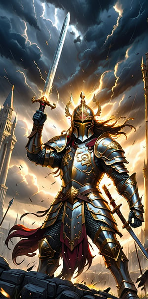 closeup low angle, A warrior in dark, ornate armor, intricate helmet, holds a radiant glowing golden sword, his glowing long hair billows in the air, stands on a battlefield, chaotic scene, set against a backdrop of imposing structures silhouetted against a stormy sky, dramatic fantasy theme, characterized by expressive, contrast between the bright sword and the dark surroundings, matte painting, insane detailed, light and shadow play