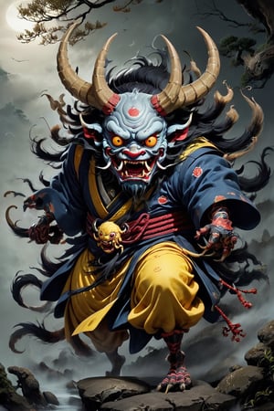 ((Solo)), Yōkai, Gyūki, a yokai from Japanese folklore, a monster with a head like an ox and a body like a spider,((spider body)), two sharp yellow horns, and six legs with sharp, sickle-like claws extending from the tips of the horns..,huapighost,oni style