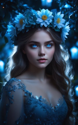 (best quality,8K,highres,masterpiece), ultra-detailed, 1girl with flower crown and icy blue eyes set within a moonlight garden. The scene is characterized by dark shadows and glowing elements, creating a contrast between light and dark. The girl's eyes shimmer with an otherworldly glow, reflecting the moonlight and adding to the ethereal atmosphere of the garden. Bright colors punctuate the scene, drawing attention to the vivid lighting and creating a sense of magic and enchantment. The dark background enhances the contrast, allowing the girl and her surroundings to stand out against the backdrop of the night garden. Feel free to add your own creative touches to further enhance the beauty and mystique of this captivating scene.