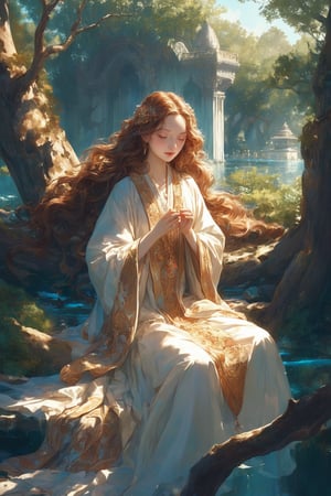 Here is a high-quality coherent stabilized diffusion prompt based on your input:

A serene outdoor setting, bathed in warm light, features a solitary girl exuding elegance and mystery. Her long brown hair cascades around her as she stands effortlessly, adorned in a flowing skirt and long-sleeved attire. A delicate piece of jewelry glimmers in her hand, showcasing refined taste. The surroundings showcase a majestic tree, stunning building, and charming fence, framing the girl within an idyllic setting. Capture the mesmerizing gaze, intricate design details, and ethereal beauty, as if whispers of elegance are being shared with the viewer.