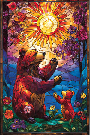 A stained glass masterpiece radiates warmth: a majestic, multi-colored bear at its core, surrounded by a tapestry of vibrant blooms - crimson, amber, and violet hues dance together. Above, a bright sunbeams down, illuminating the scene with a golden glow. A curious young girl, locks dark as night, donning a fiery bow, extends her hand to the bear, cradling a radiant orb. Lush foliage and florals unfurl in the background, conjuring an ethereal dreamscape.