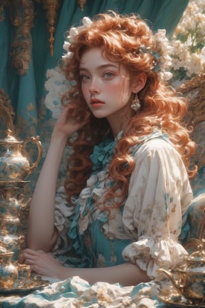 In Emerald Whispers: A Captivating Still Life by kyo8sai, a stunning anime girl sits majestically amidst a summer dress with ruffled bows and tea set still life. Framed by a soft, warm light, her sharp blue eyes sparkle like sapphires, drawing the viewer in. Her flowing red hair cascades around her face, adorned with delicate freckles and a subtle blush. The tea set's intricate patterns invite contemplation of aromatic tea filling the air.