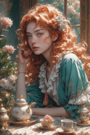 In Emerald Whispers: A Captivating Still Life by kyo8sai, a stunning anime girl sits majestically amidst a summer dress with ruffled bows and tea set still life. Framed by a soft, warm light, her sharp blue eyes sparkle like sapphires, drawing the viewer in. Her flowing red hair cascades around her face, adorned with delicate freckles and a subtle blush. The tea set's intricate patterns invite contemplation of aromatic tea filling the air.