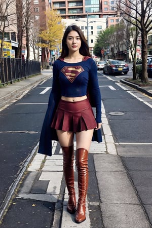 supergirl,long hair,Red over-the-knee boots,18 years old,Huge chest,Blue Supergirl Uniform,Standing in the middle of the road,Red boots,Supergirl's tights,Red cape,Brightly dressed