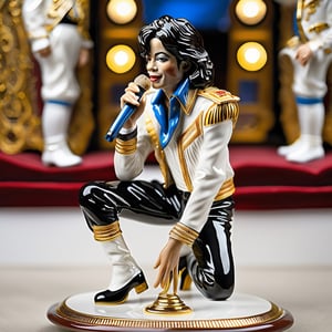 A beautifully crafted ceramic or porcelain figurine of Michael Jackson in the music stage