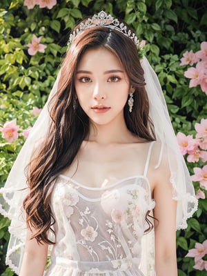 2 girl, solo, detailed eyes, blink and youll miss it detail, silk shirt, outdoors, flower garden, high quality, floral background, very detailed,wonder beauty ,Enhance,JeeSoo,wedding_dress,gemstone jewelry,jeweled crown