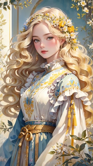 masterpiece, top quality, best quality, official art, beautiful and aesthetic:1.2), extreme detailed. 1 girl, long blonde hair, flowers and leaves entwined within her tresses, shades of white and yellow, wearing white top, ruffled detailing, embroidered pastel color floral chest motif, sleeves billowing at shoulders, tapering to wrists, hands clasped, soft and delicate aesthetic, intricate details in hair and clothing, light-hued background, subject focused, digital painting,watercolor \(medium\)