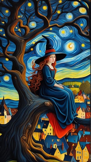 (masterpiece, top quality, best quality, official art, beautiful and aesthetic:1.2), (1girl:1.4), extreme detailed, a witch sitting on a tree, starry night, captured in the detailed gouache style of Hieronymous Bosch and Klimt,