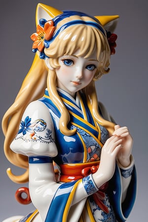 A beautifully crafted ceramic or porcelain figurine of a anime waifu