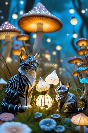 Alex in wonderland, the land of OOZ and O, fantasy cats in nighttime mushroom town bioluminescent, mushrooms bigger than a cat, black cats, white cats, mice, fairies, elves, fairy lanterns, lighted windchimes,colorful