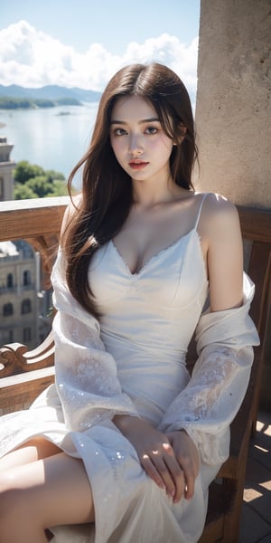 On the balcony of a castle in the clouds, a woman with eyes like the summer sky stands, her hair a halo of golden light. She wears a gown of purest white, adorned with delicate silver filigree that glints in the sunlight, and her expression is one of quiet contemplation and inner peace.

